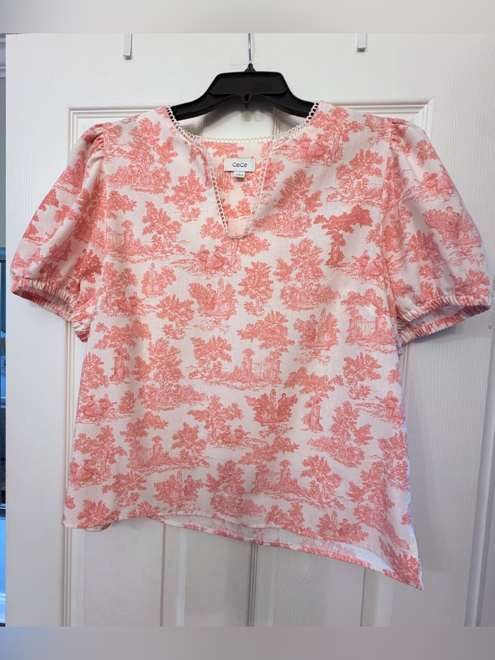 CeCe Coral Pink Toile Puff-Sleeve Blouse NWOT
